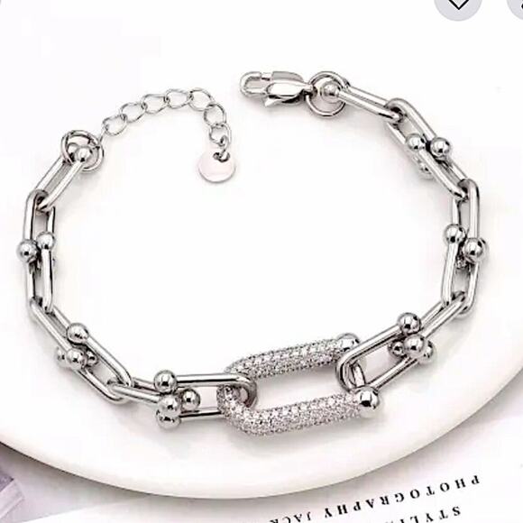 Sterling Silver U Link Zircon Bracelet Unisex Horse Shoe - Picture 3 of 6
